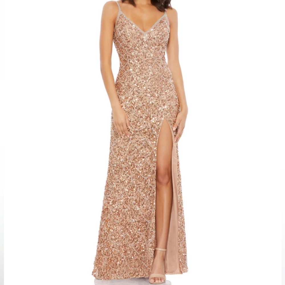 Mac Duggal Rose Gold Sequin Maxi Dress
